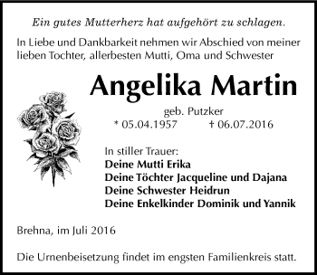 Traueranzeige von Angelika Martin von Mitteldeutsche Zeitung Bitterfeld