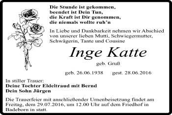 Traueranzeige von Inge Katte von WVG - Wochenspiegel Wittenberg
