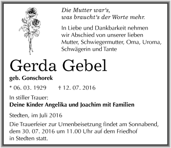 Traueranzeige von Gerda Gebel von Mitteldeutsche Zeitung Mansfelder Land