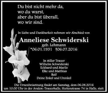 Traueranzeige von Anneliese Schwiderski von Mitteldeutsche Zeitung Halle/Saalkreis
