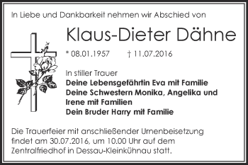 Traueranzeige von Klaus-Dieter Dähne von WVG - Wochenspiegel Dessau / Köthen