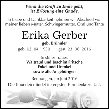 Traueranzeige von Erika Gerber von Super Sonntag SGH Mansf. Land