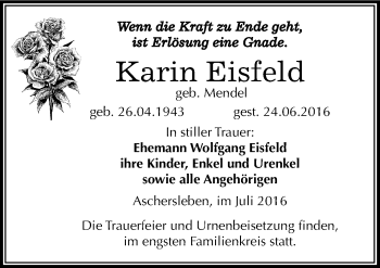 Traueranzeige von Karin Eisfeld von Mitteldeutsche Zeitung Aschersleben
