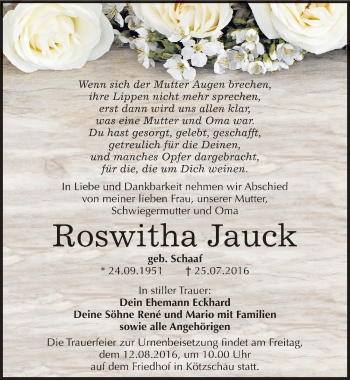Traueranzeige von Roswitha Jauck von Mitteldeutsche Zeitung Merseburg/Querfurt