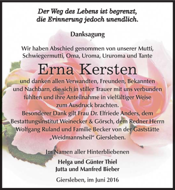 Traueranzeige von Erna Kersten von Mitteldeutsche Zeitung Aschersleben