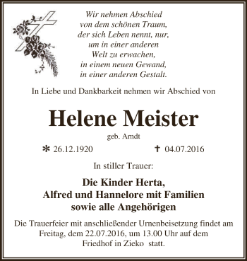 Traueranzeige von Helene Meister von WVG - Wochenspiegel Dessau / Köthen