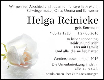 Traueranzeige von Helga Reinicke von WVG - Wochenspiegel Dessau / Köthen