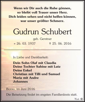 Traueranzeige von Gudrun Schubert von Mitteldeutsche Zeitung Weißenfels