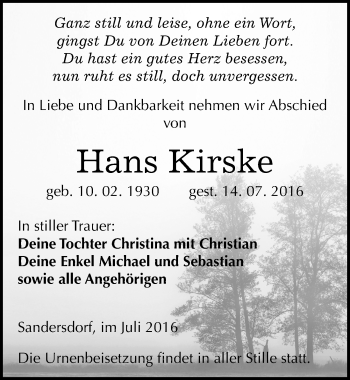 Traueranzeige von Hans Kirske von Mitteldeutsche Zeitung Bitterfeld