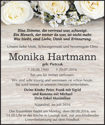 Traueranzeige von Monika Hartmann von Mitteldeutsche Zeitung Köthen