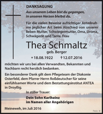 Traueranzeige von Thea Schmaltz von Super Sonntag Zeitz