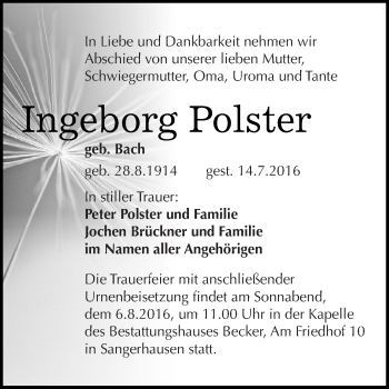 Traueranzeige von Ingeborg Polster von Super Sonntag SGH Mansf. Land