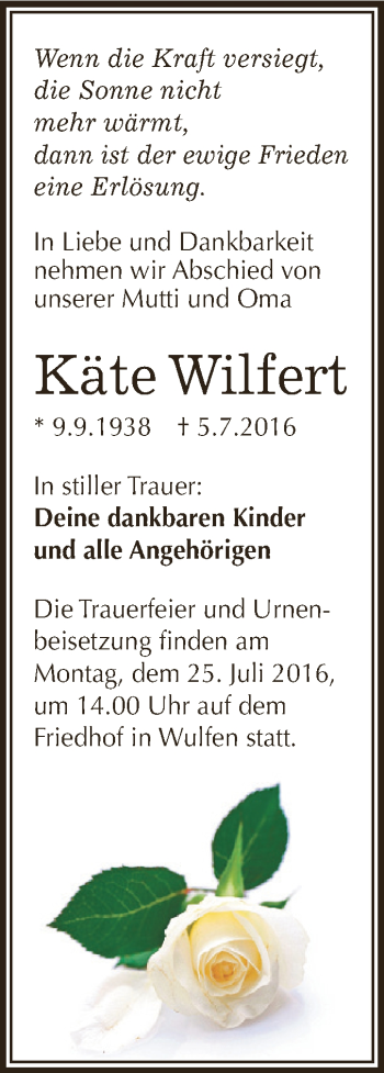 Traueranzeige von Käte Wilfert von WVG - Wochenspiegel Dessau / Köthen