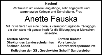 Traueranzeige von Anette Fauska von Mitteldeutsche Zeitung Sangerhausen