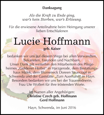 Traueranzeige von Lucie Hoffmann von Super Sonntag SGH Mansf. Land