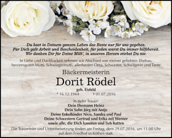 Traueranzeige von Dorit Rödel von WVG - Wochenspiegel Dessau / Köthen
