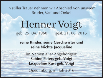 Traueranzeige von Henner Voigt von Mitteldeutsche Zeitung Quedlinburg