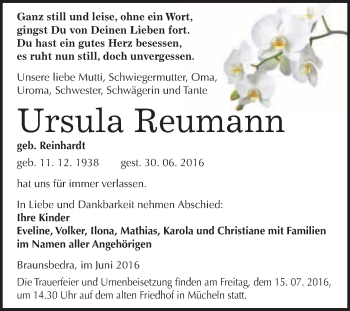 Traueranzeige von Ursula Reumann von WVG - Wochenspiegel Merseburg