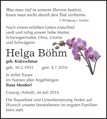Traueranzeige von Helga Böhm von Super Sonntag Wittenberg