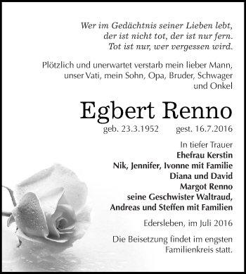 Traueranzeige von Egbert Renno von Super Sonntag SGH Mansf. Land