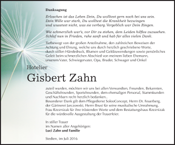 Traueranzeige von Gisbert Zahn von Mitteldeutsche Zeitung Mansfelder Land