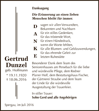 Traueranzeige von Gertrud Dunzel von Super Sonntag Zeitz