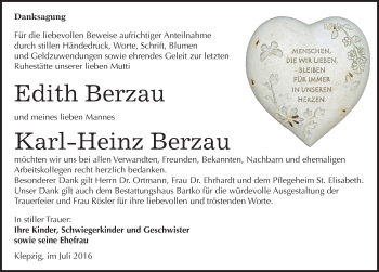 Traueranzeige von Edith Berzau von Mitteldeutsche Zeitung Köthen