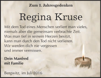 Traueranzeige von Regina Kruse von Super Sonntag Wittenberg
