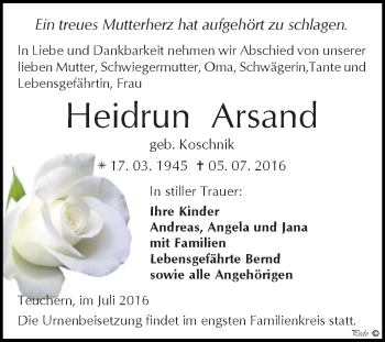 Traueranzeige von Heidrun Arsand von WVG - Wochenspiegel NMB / WSF / ZTZ
