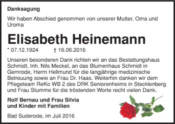 Traueranzeige von Elisabeth Heinemann von Mitteldeutsche Zeitung Quedlinburg