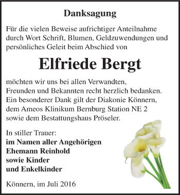 Traueranzeige von Elfriede Bergt von Mitteldeutsche Zeitung Bernburg