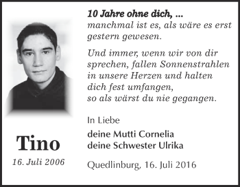 Traueranzeige von Tino  von Super Sonntag Quedlinburg