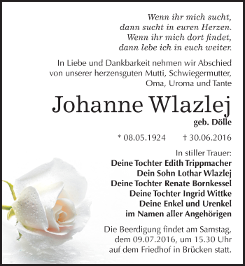 Traueranzeige von Johanne Wlazlej von Mitteldeutsche Zeitung Sangerhausen