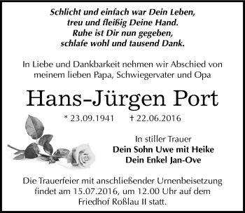 Traueranzeige von Hans-Jürgen Port von Mitteldeutsche Zeitung Dessau-Roßlau