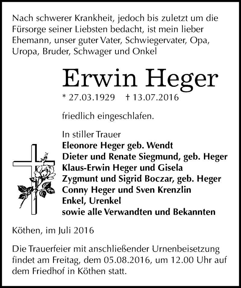  Traueranzeige für Erwin Heger vom 21.07.2016 aus Mitteldeutsche Zeitung Köthen