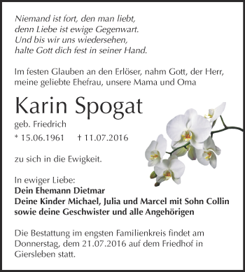 Traueranzeige von Karin Spogat von Super Sonntag Aschersleben