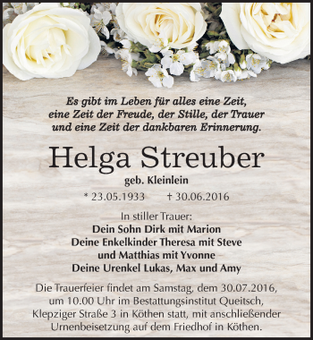 Traueranzeige von Helga Streuber von Mitteldeutsche Zeitung Köthen