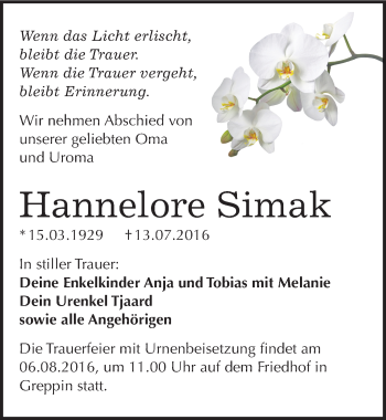 Traueranzeige von Hannelore Simak von Mitteldeutsche Zeitung Bitterfeld