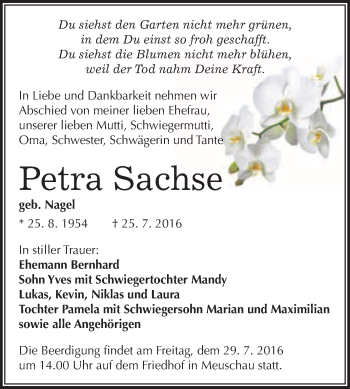 Traueranzeige von Petra Sachse von WVG - Wochenspiegel Merseburg