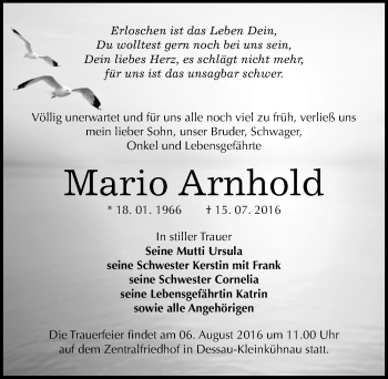 Traueranzeige von Mario Arnhold von Mitteldeutsche Zeitung Dessau-Roßlau