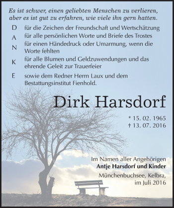 Traueranzeige von Dirk Harsdorf von Mitteldeutsche Zeitung Sangerhausen