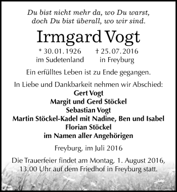 Traueranzeige von Irmgard Vogt von Mitteldeutsche Zeitung Naumburg/Nebra