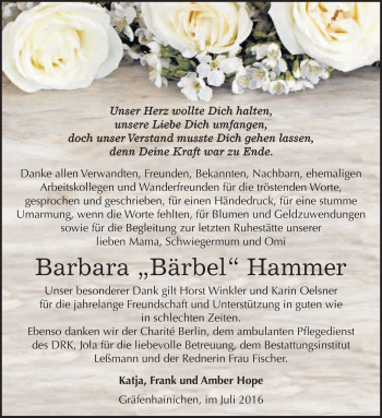 Traueranzeige von Barbara Hammer von WVG - Wochenspiegel Wittenberg