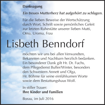 Traueranzeige von Lisbeth Benndorf von WVG - Wochenspiegel NMB / WSF / ZTZ