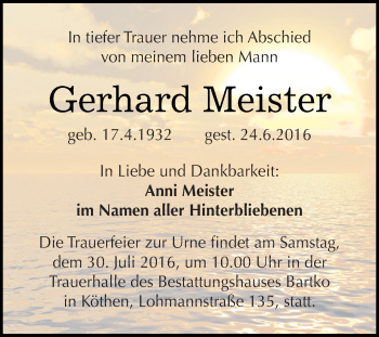 Traueranzeige von Gerhard Meister von WVG - Wochenspiegel Dessau / Köthen