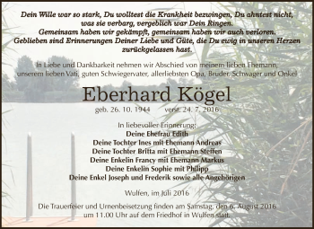 Traueranzeige von Eberhard Kögel von WVG - Wochenspiegel Dessau / Köthen