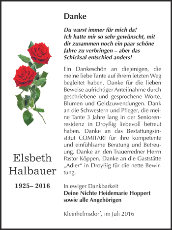 Traueranzeige von Elsbeth Halbauer von Super Sonntag Zeitz