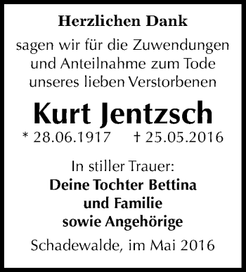 Traueranzeige von Kurt Jentzsch von Mitteldeutsche Zeitung Wittenberg
