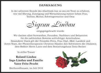 Traueranzeige von Sigrun Lindau von Super Sonntag SGH Mansf. Land