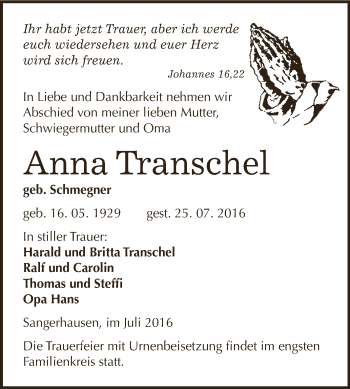 Traueranzeige von Anna Transchel von Super Sonntag SGH Mansf. Land